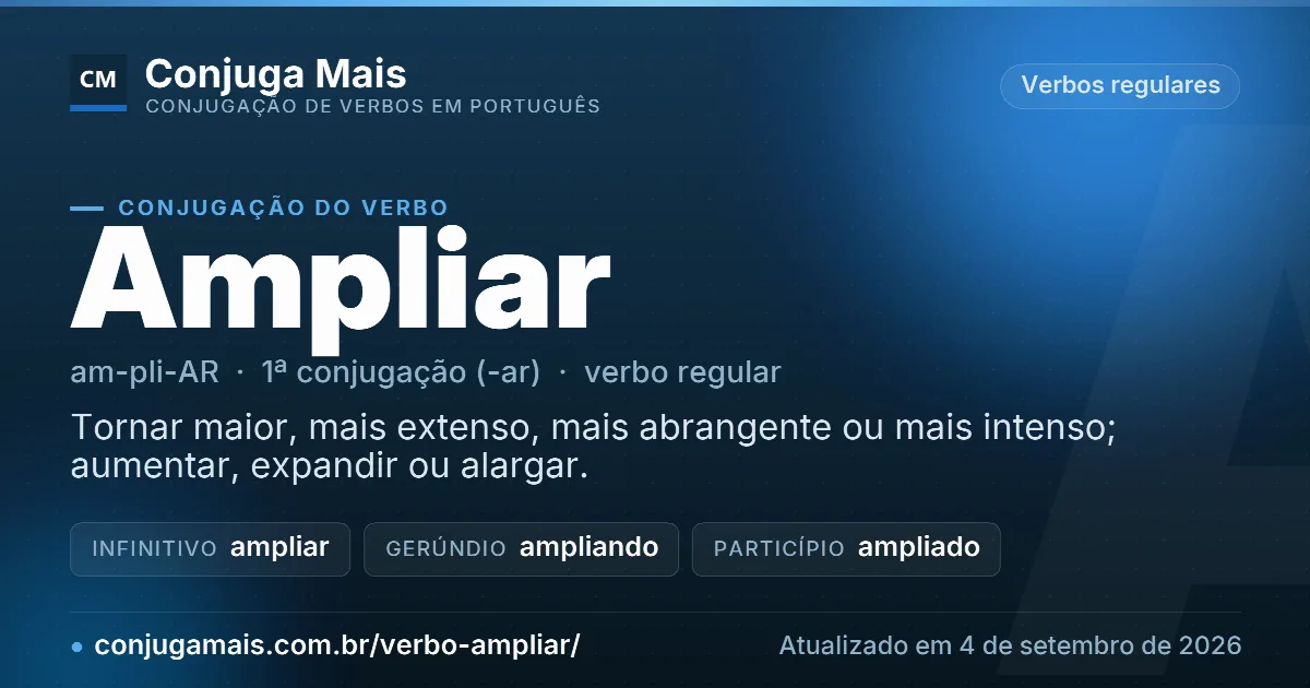 Cartão do verbo ampliar com definição, formas principais, endereço da página e data de atualização.