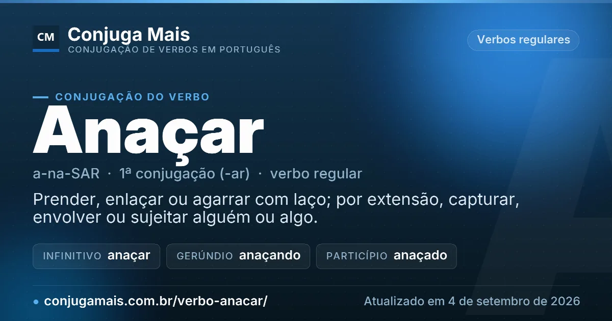 Cartão do verbo anaçar com definição, formas principais, endereço da página e data de atualização.