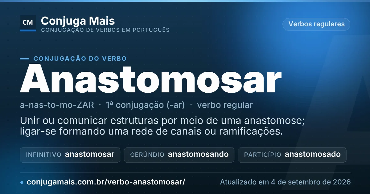 Cartão do verbo anastomosar com definição, formas principais, endereço da página e data de atualização.