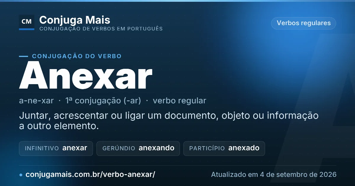 Cartão do verbo anexar com definição, formas principais, endereço da página e data de atualização.