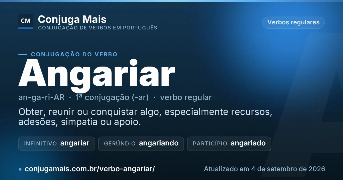 Cartão do verbo angariar com definição, formas principais, endereço da página e data de atualização.