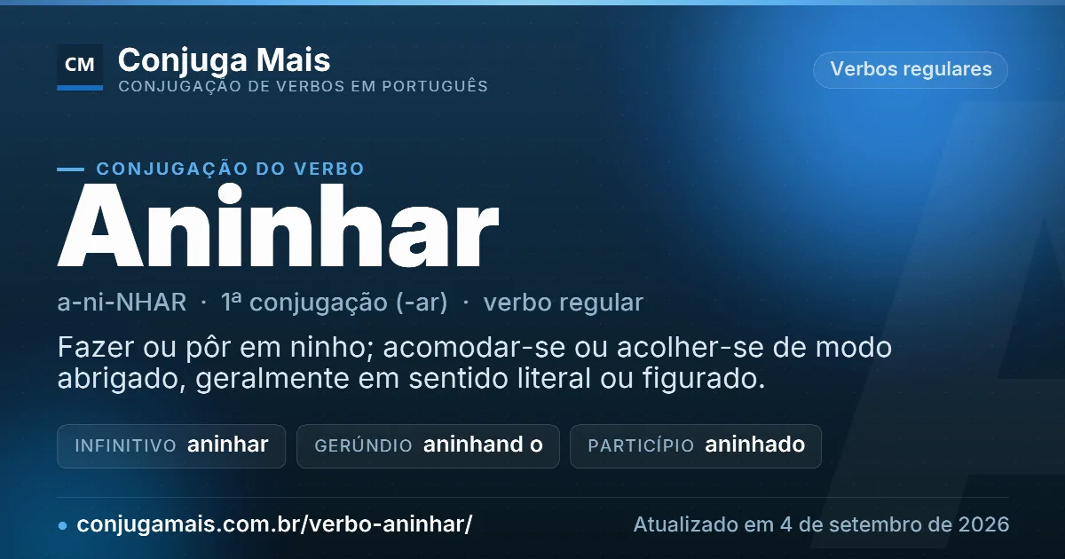 Cartão do verbo aninhar com definição, formas principais, endereço da página e data de atualização.