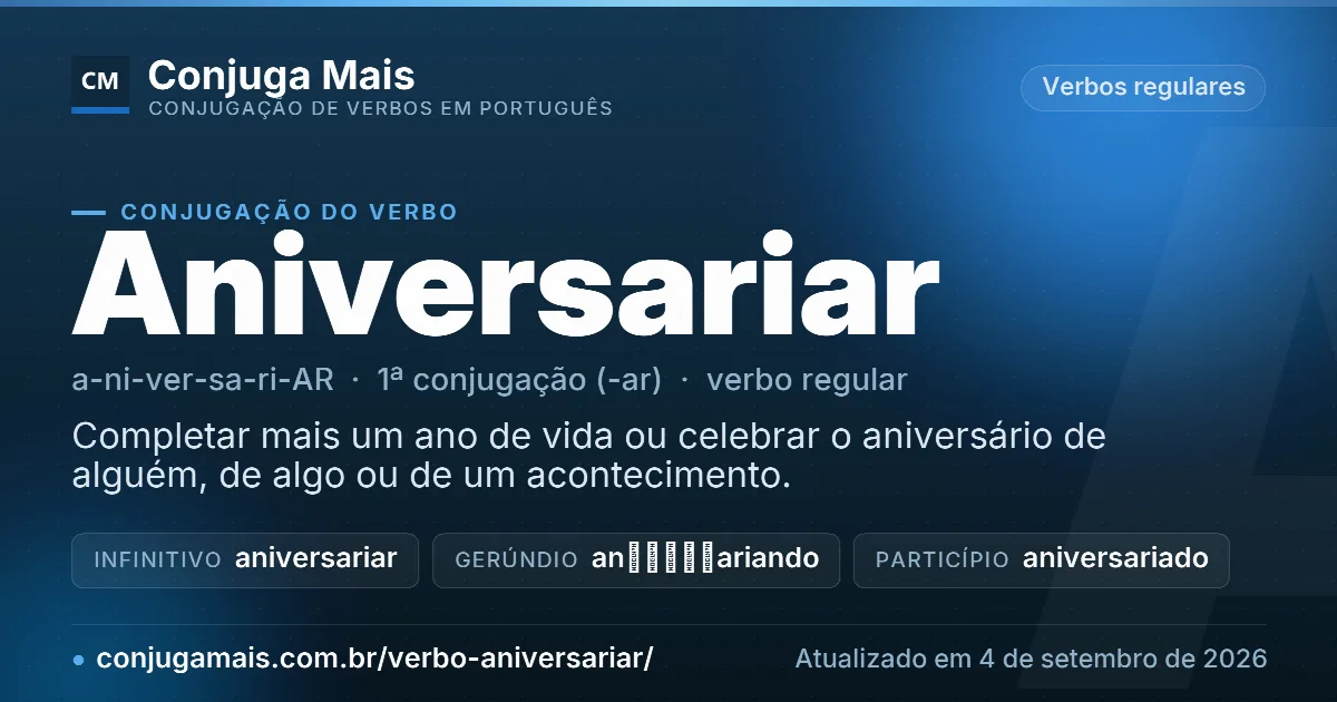 Cartão do verbo aniversariar com definição, formas principais, endereço da página e data de atualização.