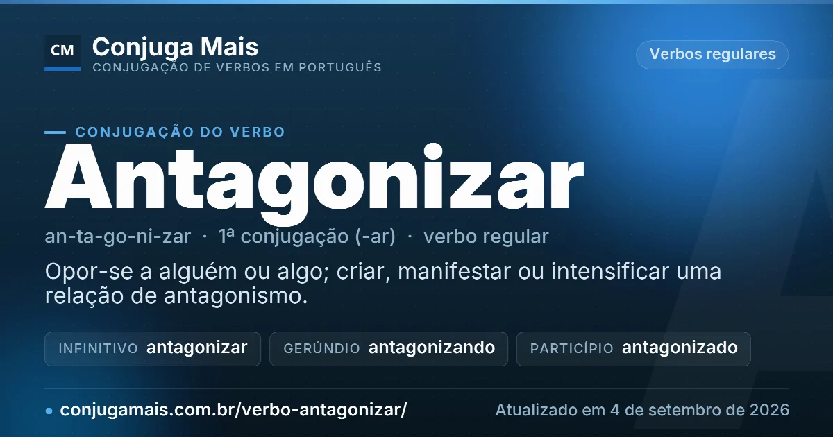 Cartão do verbo antagonizar com definição, formas principais, endereço da página e data de atualização.