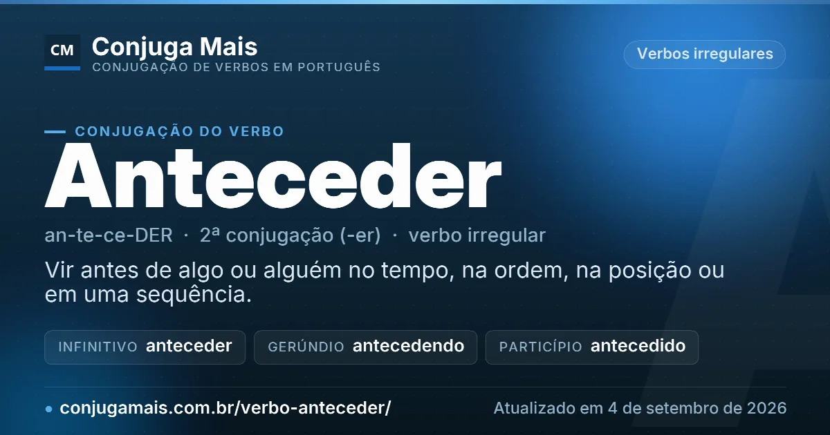 Cartão do verbo anteceder com definição, formas principais, endereço da página e data de atualização.