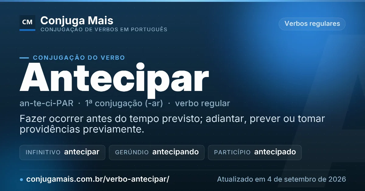 Cartão do verbo antecipar com definição, formas principais, endereço da página e data de atualização.