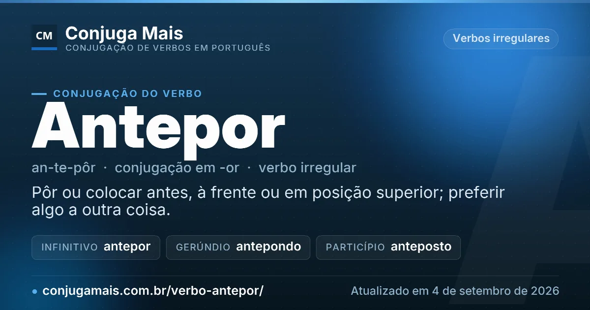 Cartão do verbo antepor com definição, formas principais, endereço da página e data de atualização.