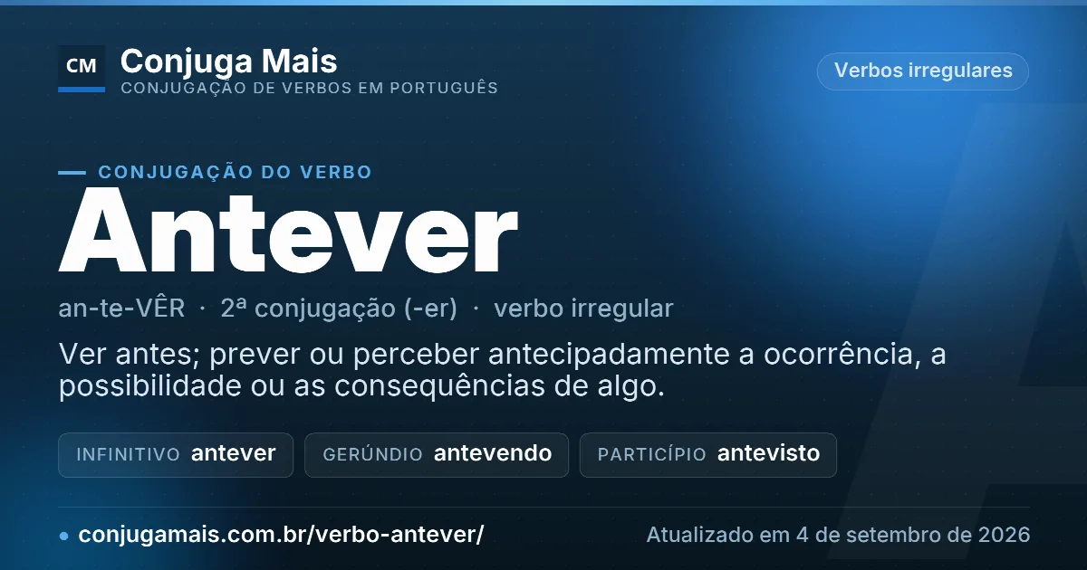 Cartão do verbo antever com definição, formas principais, endereço da página e data de atualização.