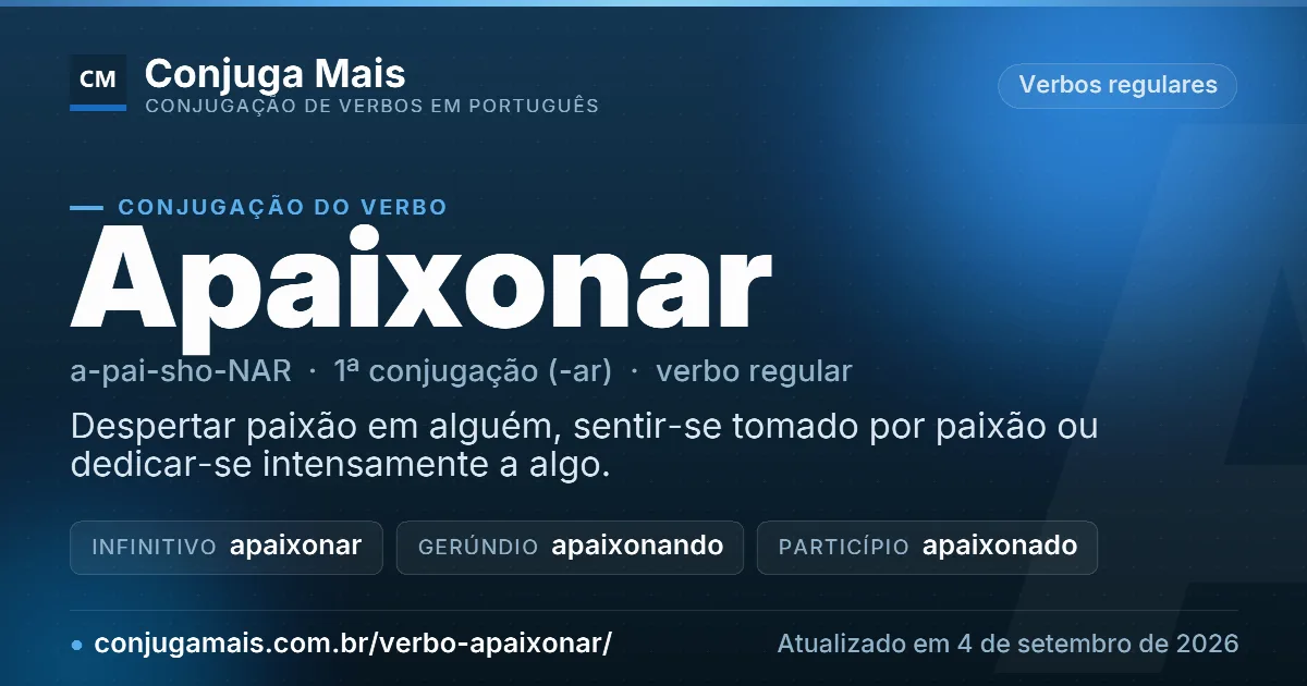 Cartão do verbo apaixonar com definição, formas principais, endereço da página e data de atualização.