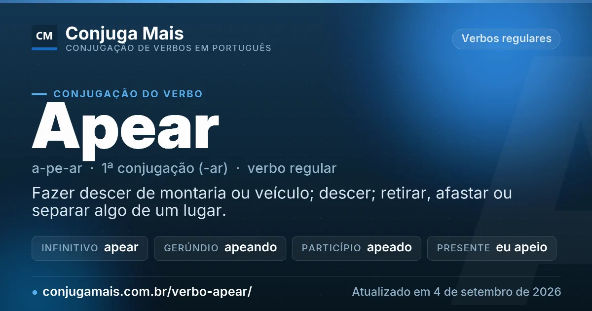 Cartão do verbo apear com definição, formas principais, endereço da página e data de atualização.