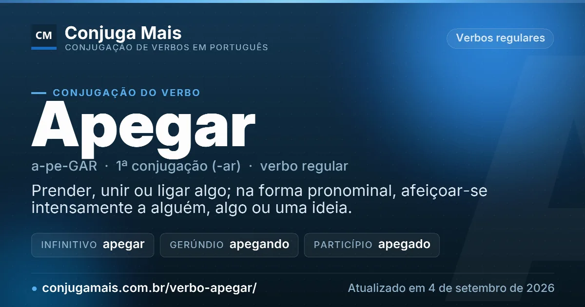 Cartão do verbo apegar com definição, formas principais, endereço da página e data de atualização.