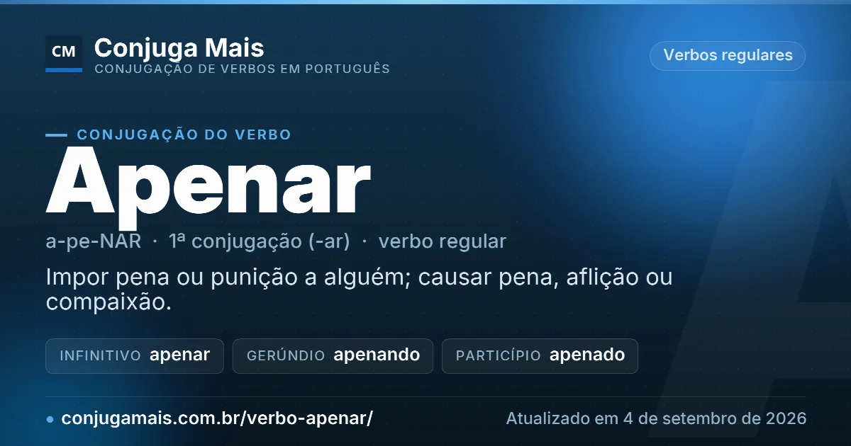 Cartão do verbo apenar com definição, formas principais, endereço da página e data de atualização.
