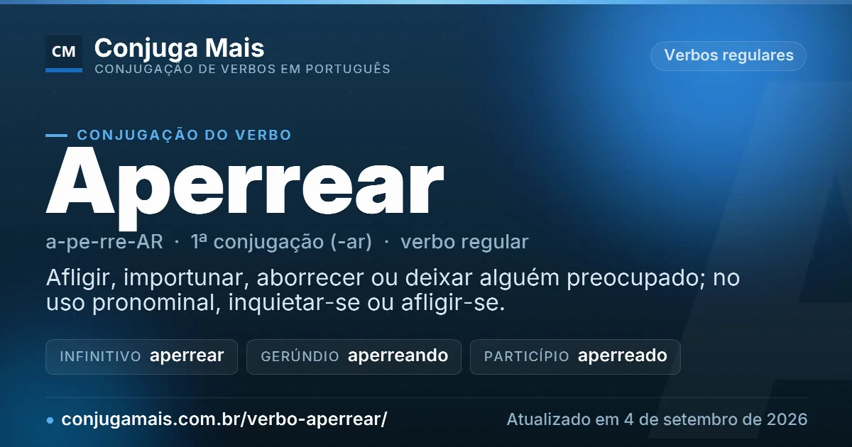 Cartão do verbo aperrear com definição, formas principais, endereço da página e data de atualização.
