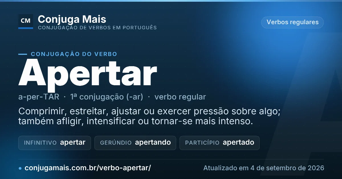 Cartão do verbo apertar com definição, formas principais, endereço da página e data de atualização.