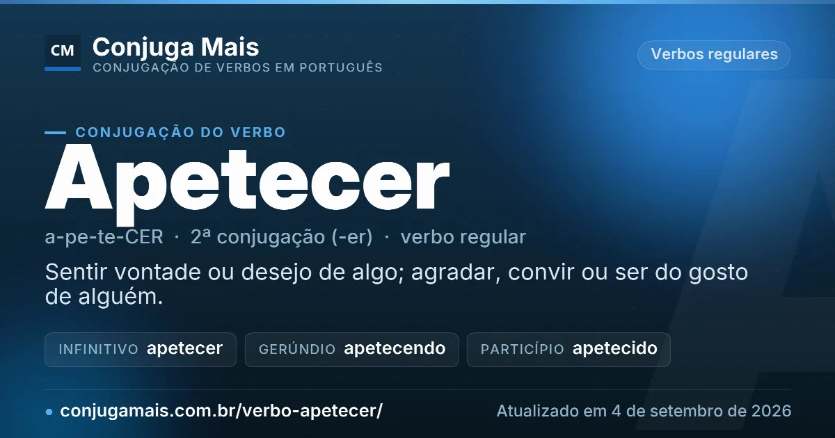 Cartão do verbo apetecer com definição, formas principais, endereço da página e data de atualização.