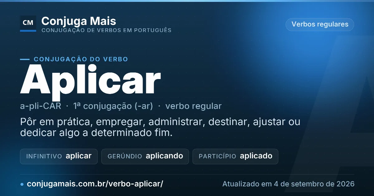 Cartão do verbo aplicar com definição, formas principais, endereço da página e data de atualização.