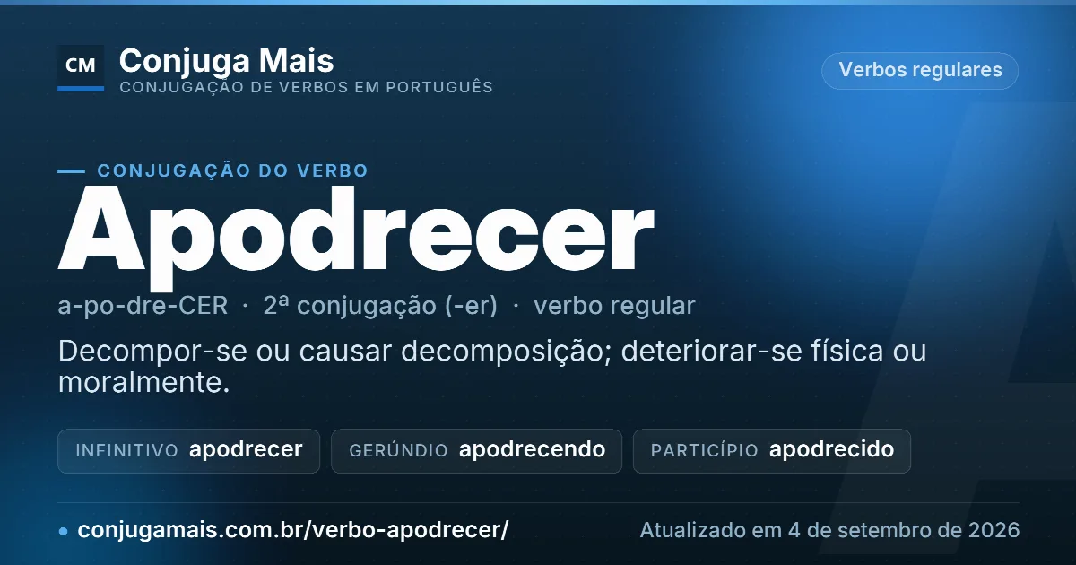 Cartão do verbo apodrecer com definição, formas principais, endereço da página e data de atualização.