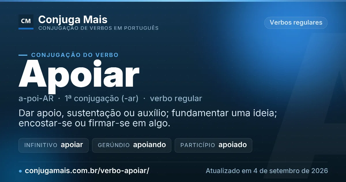 Cartão do verbo apoiar com definição, formas principais, endereço da página e data de atualização.