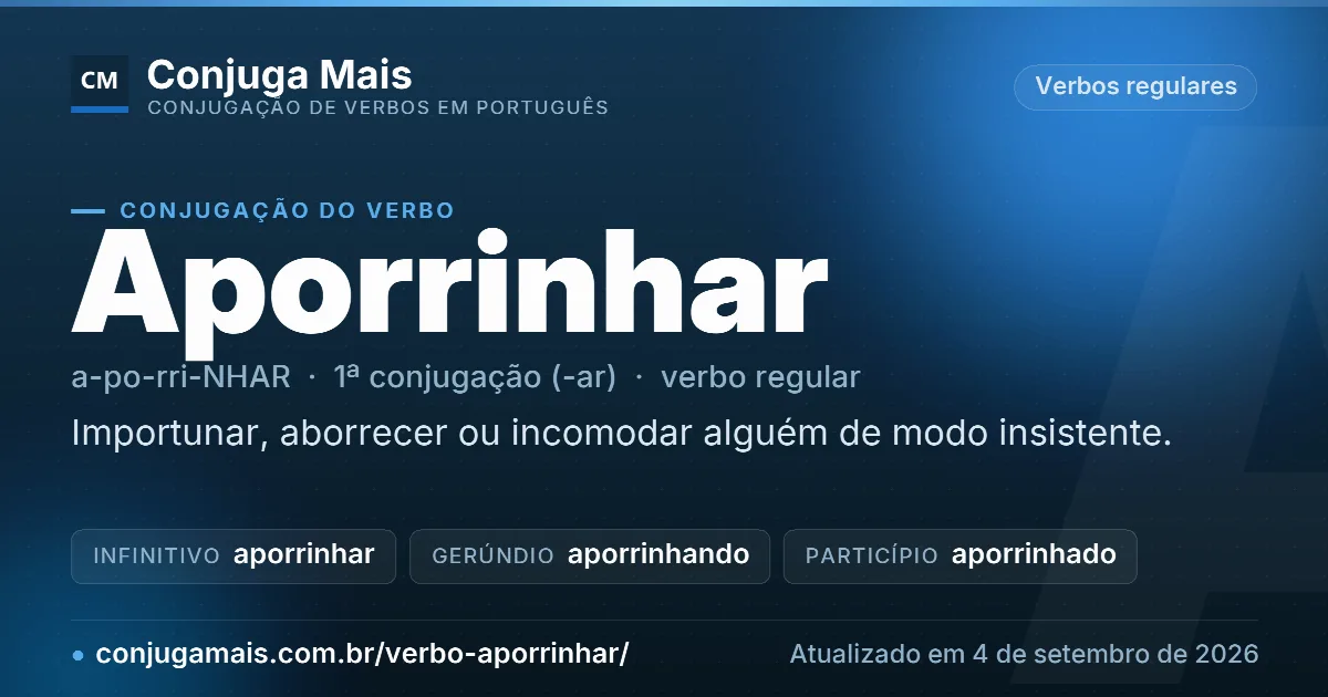 Cartão do verbo aporrinhar com definição, formas principais, endereço da página e data de atualização.