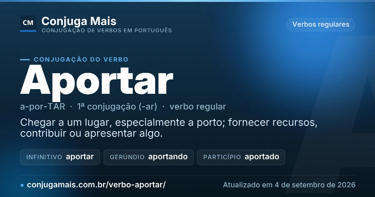 Cartão do verbo aportar com definição, formas principais, endereço da página e data de atualização.