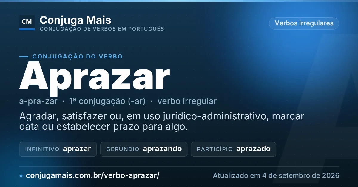 Cartão do verbo aprazar com definição, formas principais, endereço da página e data de atualização.