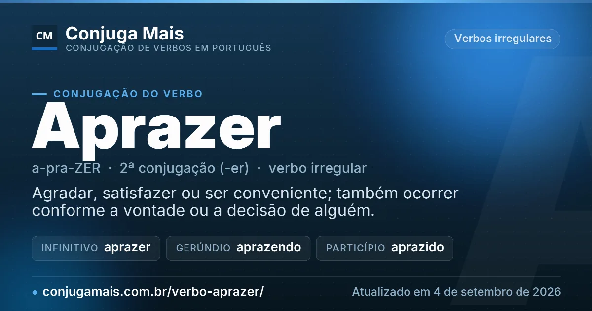 Cartão do verbo aprazer com definição, formas principais, endereço da página e data de atualização.