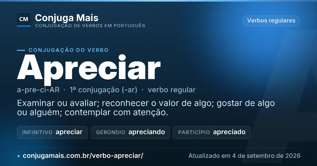 Cartão do verbo apreciar com definição, formas principais, endereço da página e data de atualização.