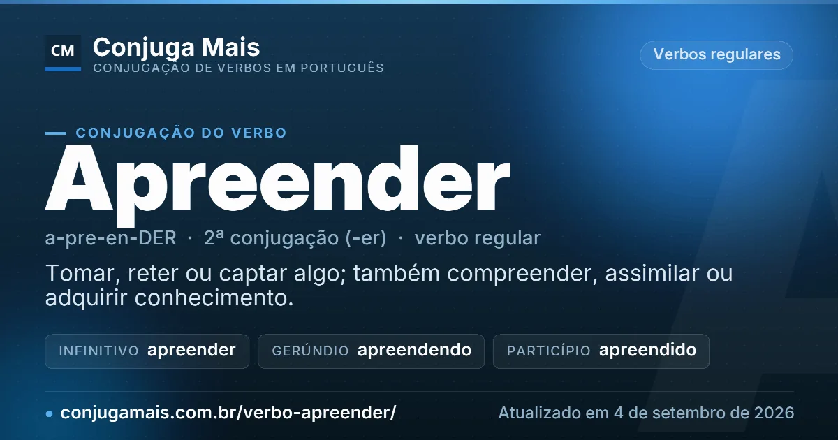 Cartão do verbo apreender com definição, formas principais, endereço da página e data de atualização.