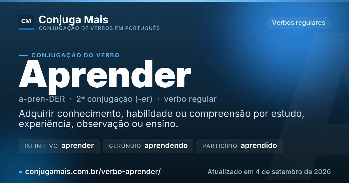 Cartão do verbo aprender com definição, formas principais, endereço da página e data de atualização.