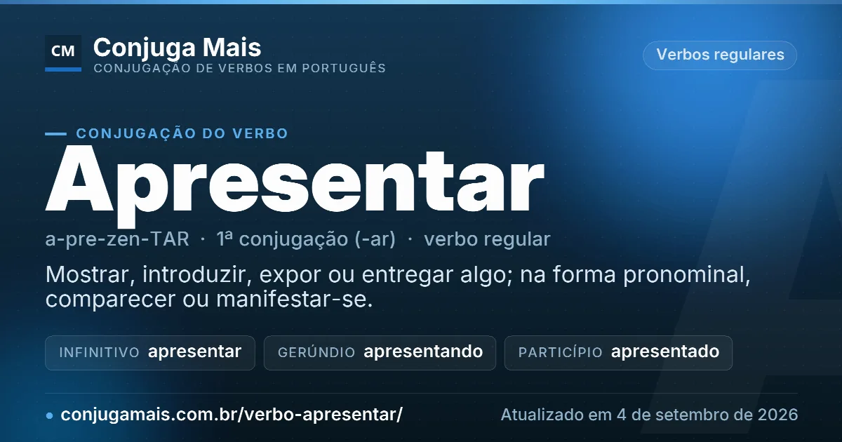 Cartão do verbo apresentar com definição, formas principais, endereço da página e data de atualização.
