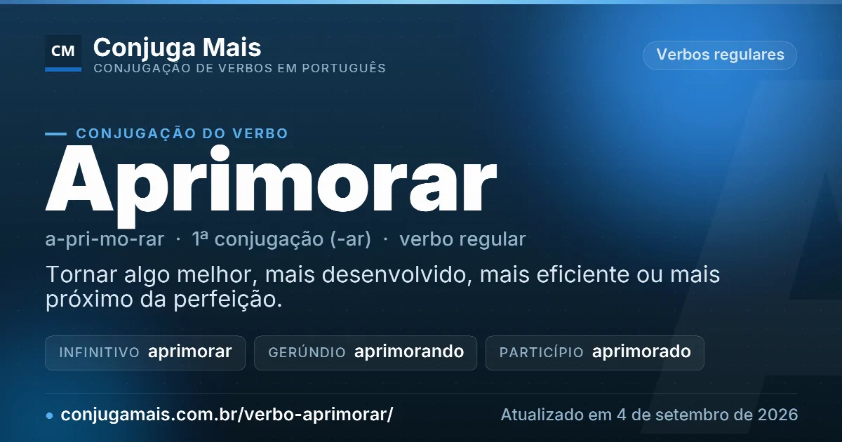 Cartão do verbo aprimorar com definição, formas principais, endereço da página e data de atualização.