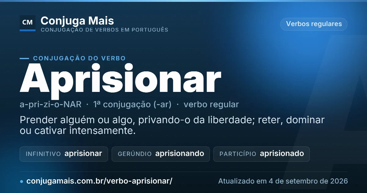 Cartão do verbo aprisionar com definição, formas principais, endereço da página e data de atualização.