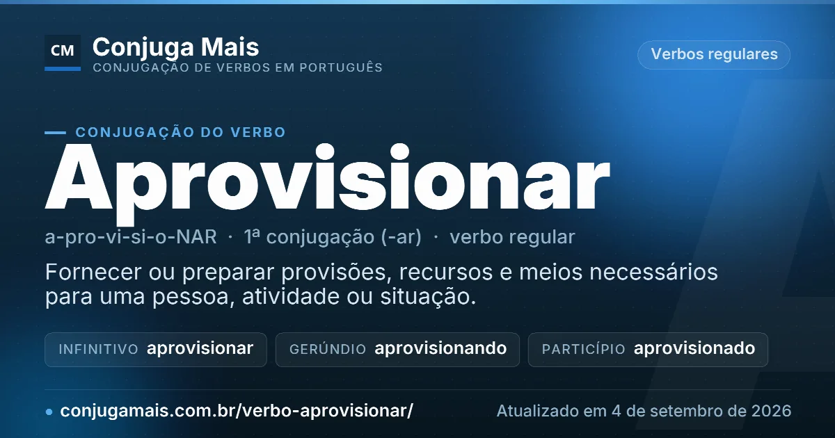 Cartão do verbo aprovisionar com definição, formas principais, endereço da página e data de atualização.
