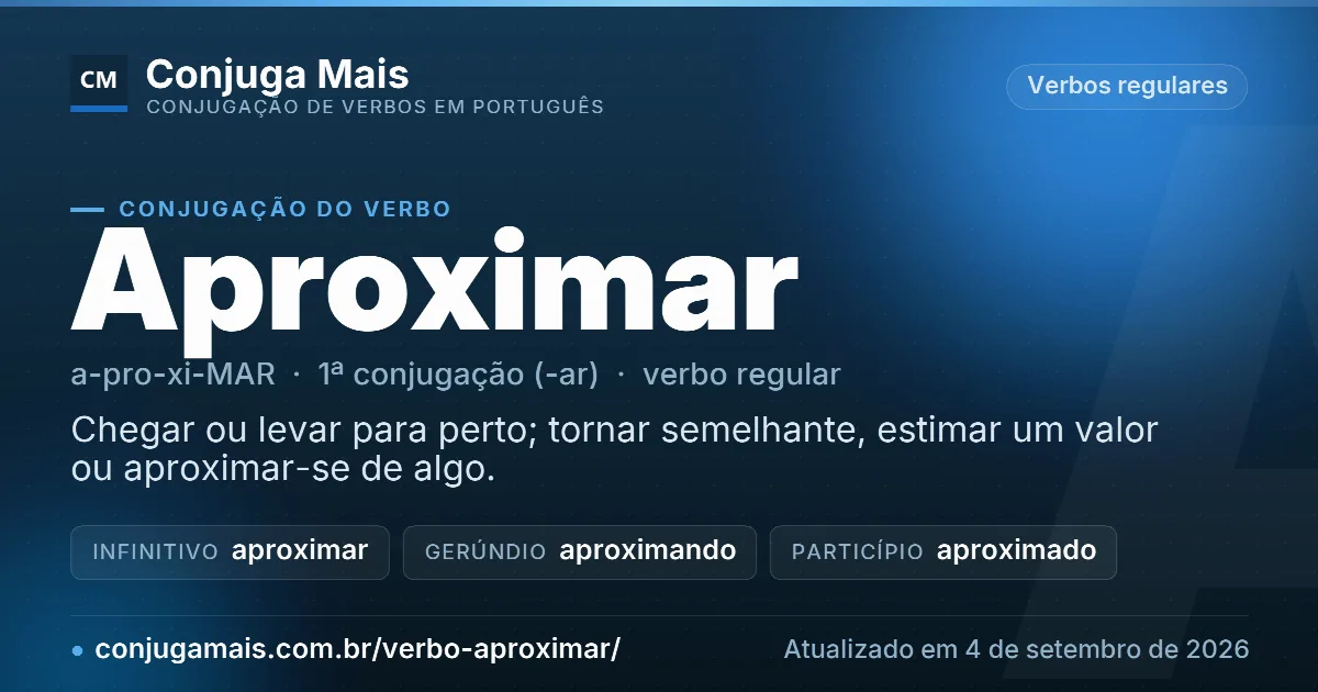 Cartão do verbo aproximar com definição, formas principais, endereço da página e data de atualização.