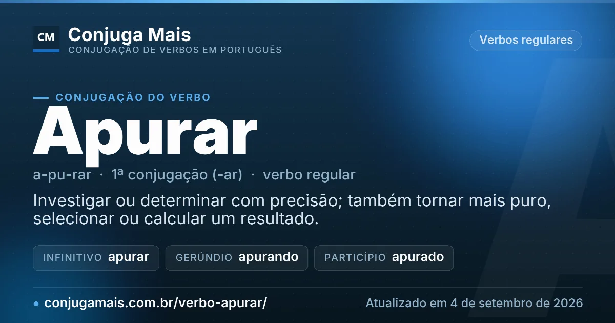 Cartão do verbo apurar com definição, formas principais, endereço da página e data de atualização.