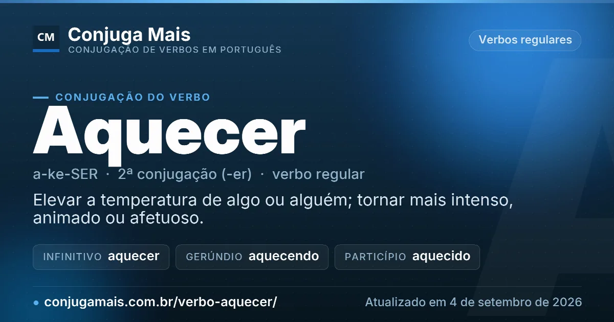 Cartão do verbo aquecer com definição, formas principais, endereço da página e data de atualização.