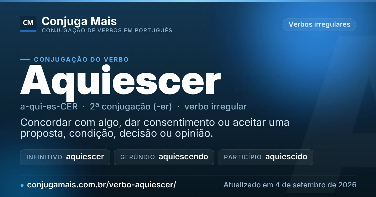 Cartão do verbo aquiescer com definição, formas principais, endereço da página e data de atualização.