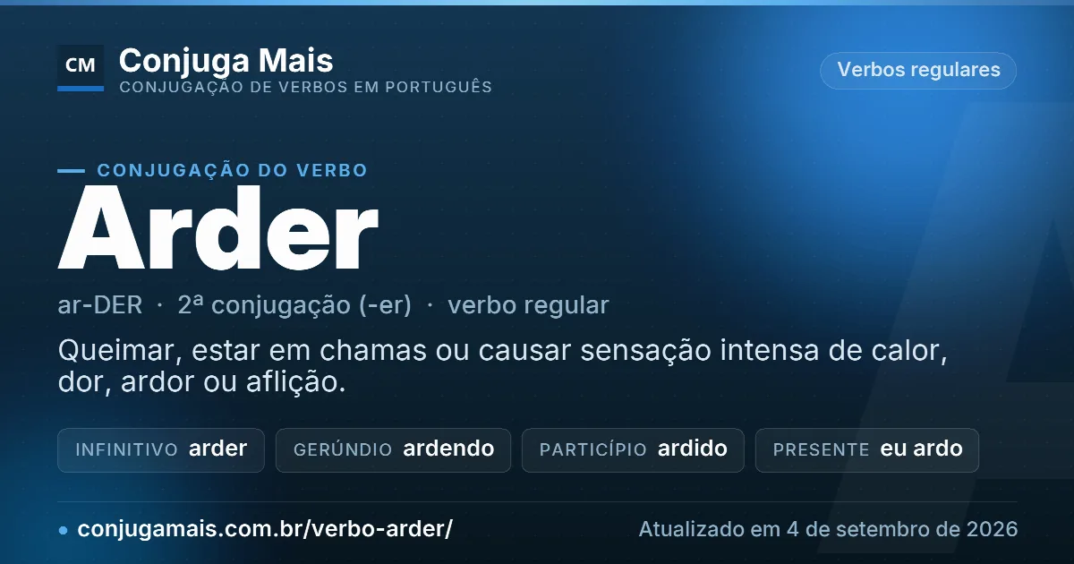 Cartão do verbo arder com definição, formas principais, endereço da página e data de atualização.