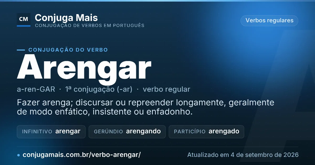 Cartão do verbo arengar com definição, formas principais, endereço da página e data de atualização.