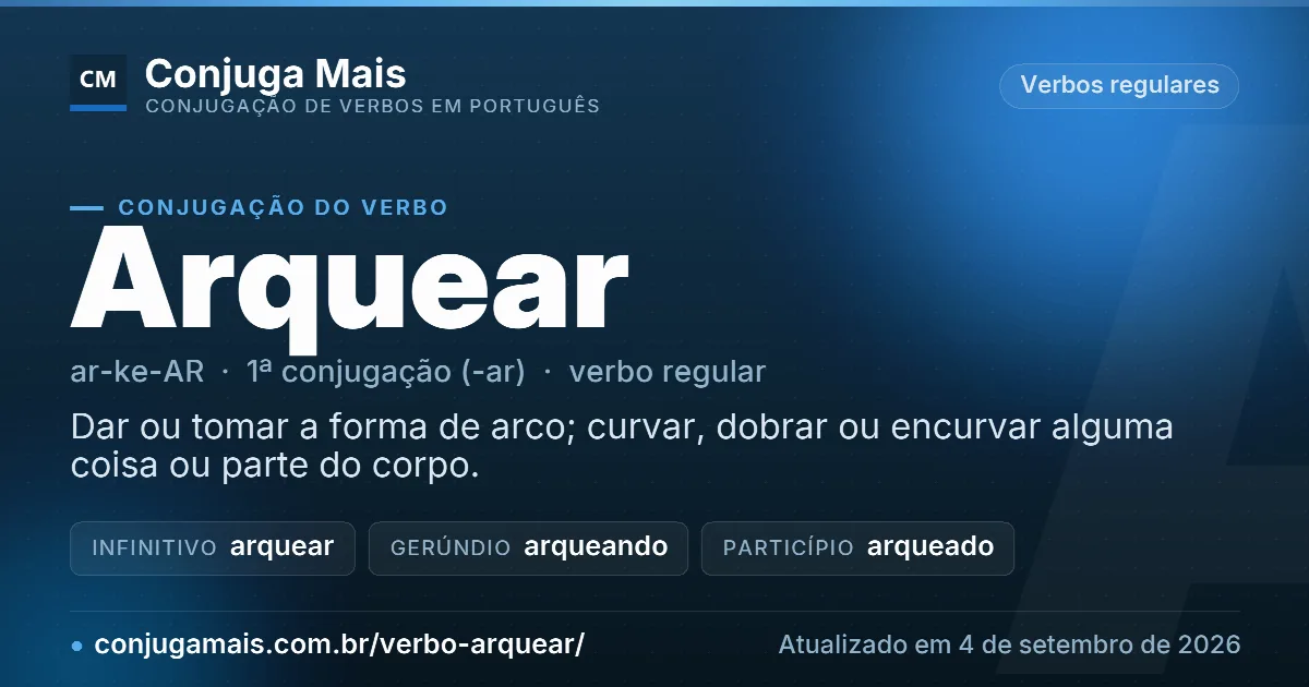 Cartão do verbo arquear com definição, formas principais, endereço da página e data de atualização.