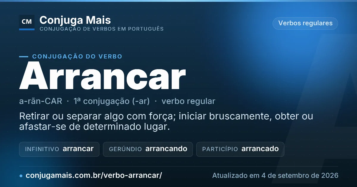 Cartão do verbo arrancar com definição, formas principais, endereço da página e data de atualização.