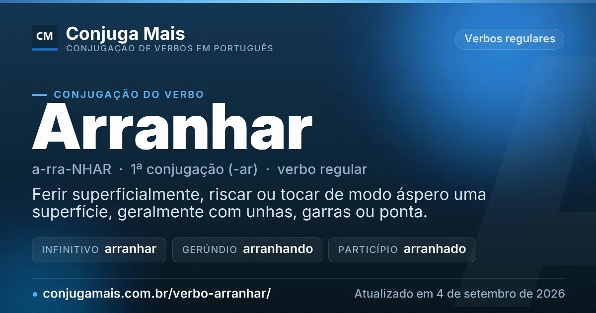 Cartão do verbo arranhar com definição, formas principais, endereço da página e data de atualização.