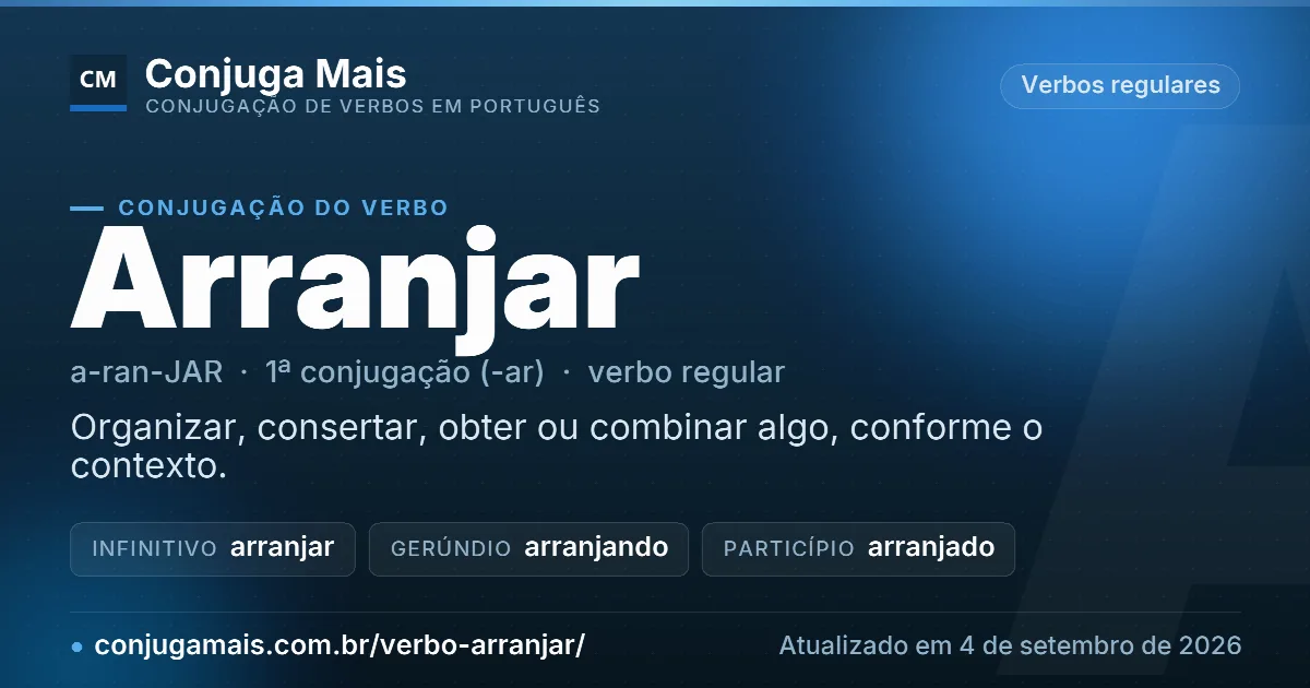 Cartão do verbo arranjar com definição, formas principais, endereço da página e data de atualização.