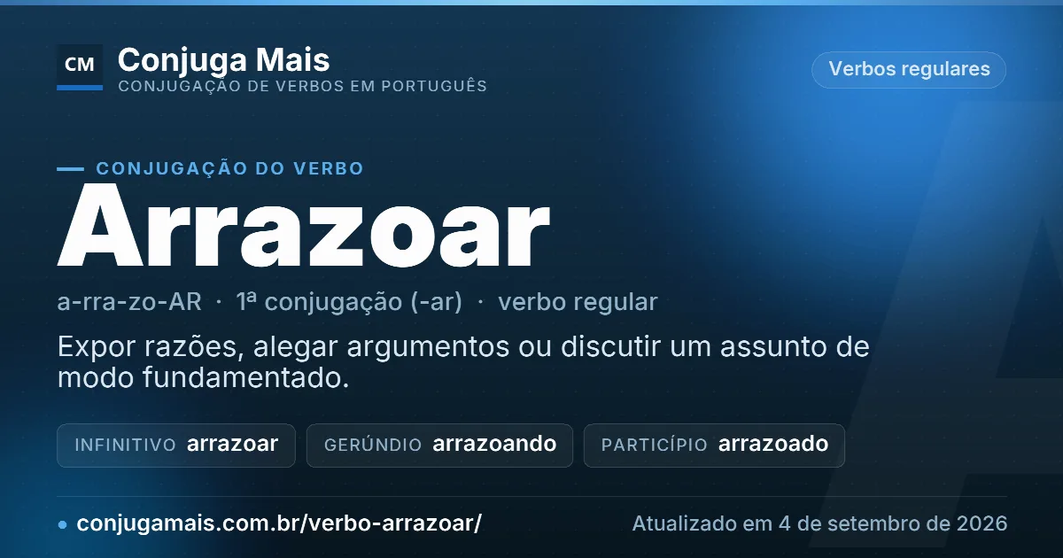 Cartão do verbo arrazoar com definição, formas principais, endereço da página e data de atualização.