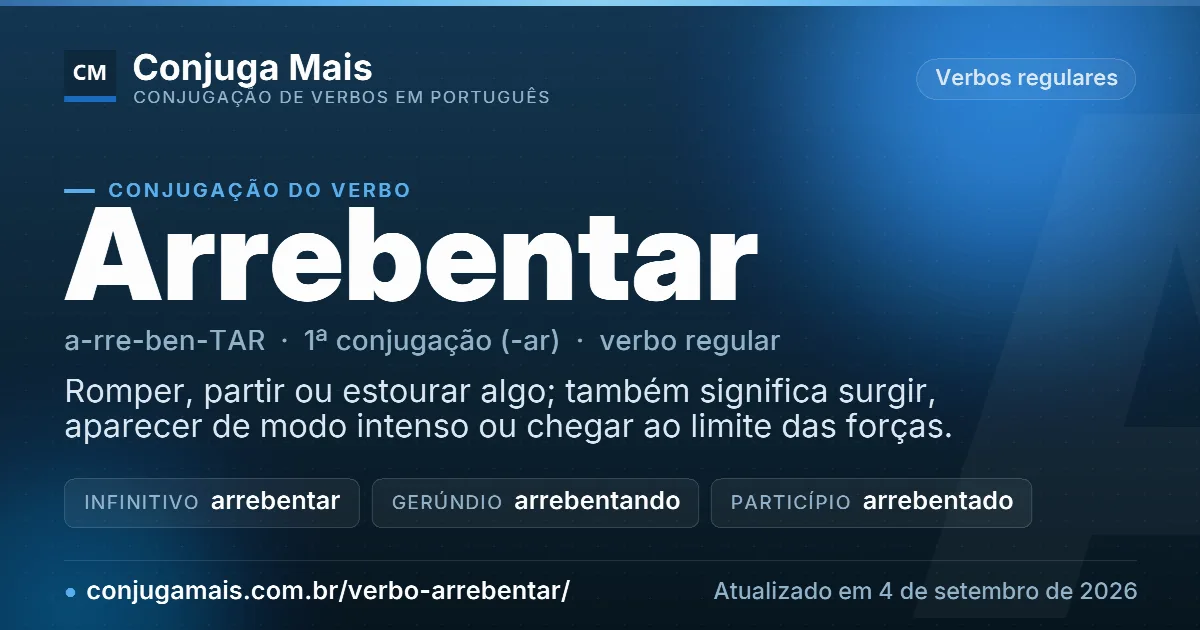 Cartão do verbo arrebentar com definição, formas principais, endereço da página e data de atualização.