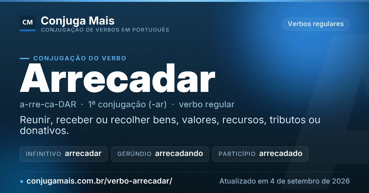 Cartão do verbo arrecadar com definição, formas principais, endereço da página e data de atualização.