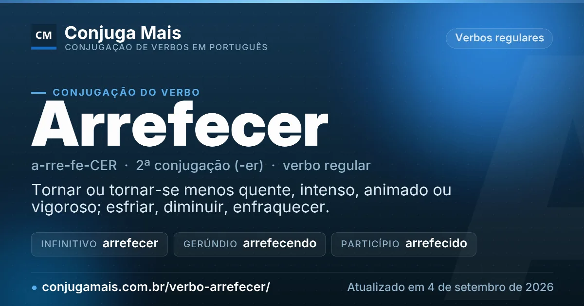 Cartão do verbo arrefecer com definição, formas principais, endereço da página e data de atualização.