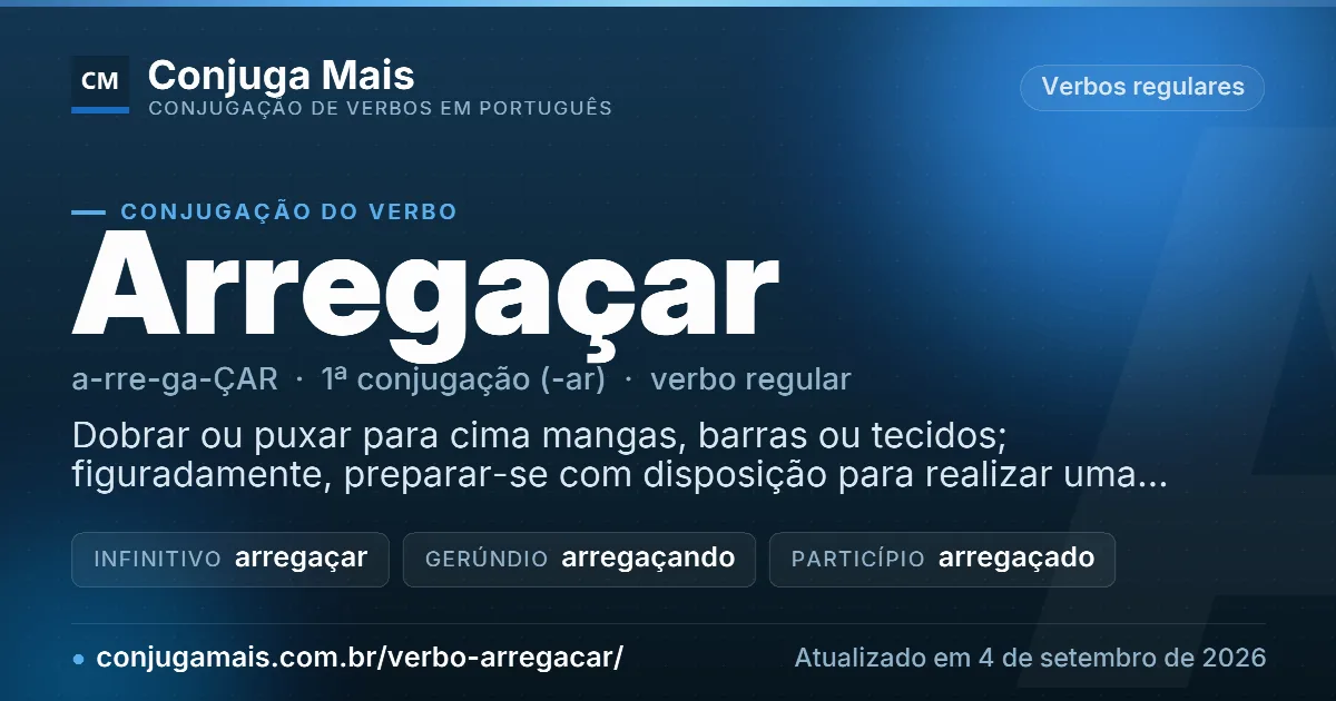 Cartão do verbo arregaçar com definição, formas principais, endereço da página e data de atualização.