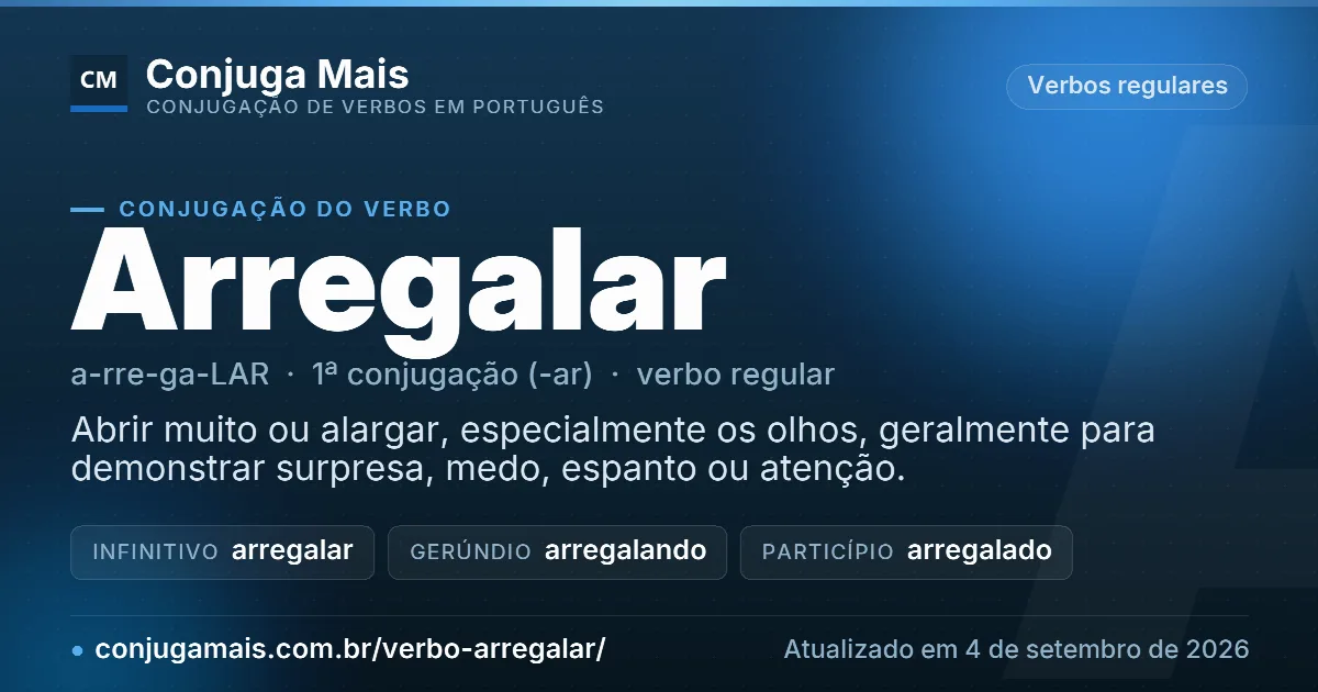 Cartão do verbo arregalar com definição, formas principais, endereço da página e data de atualização.