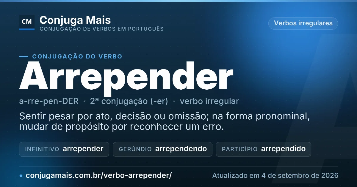 Cartão do verbo arrepender com definição, formas principais, endereço da página e data de atualização.